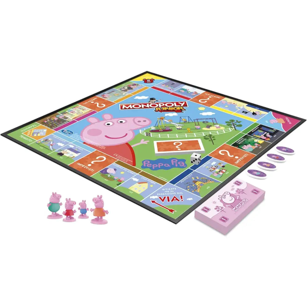 Gioco moneta monopoly junior peppa pig con plancia colorata, accessori rosa e viola e quattro personaggi in figura