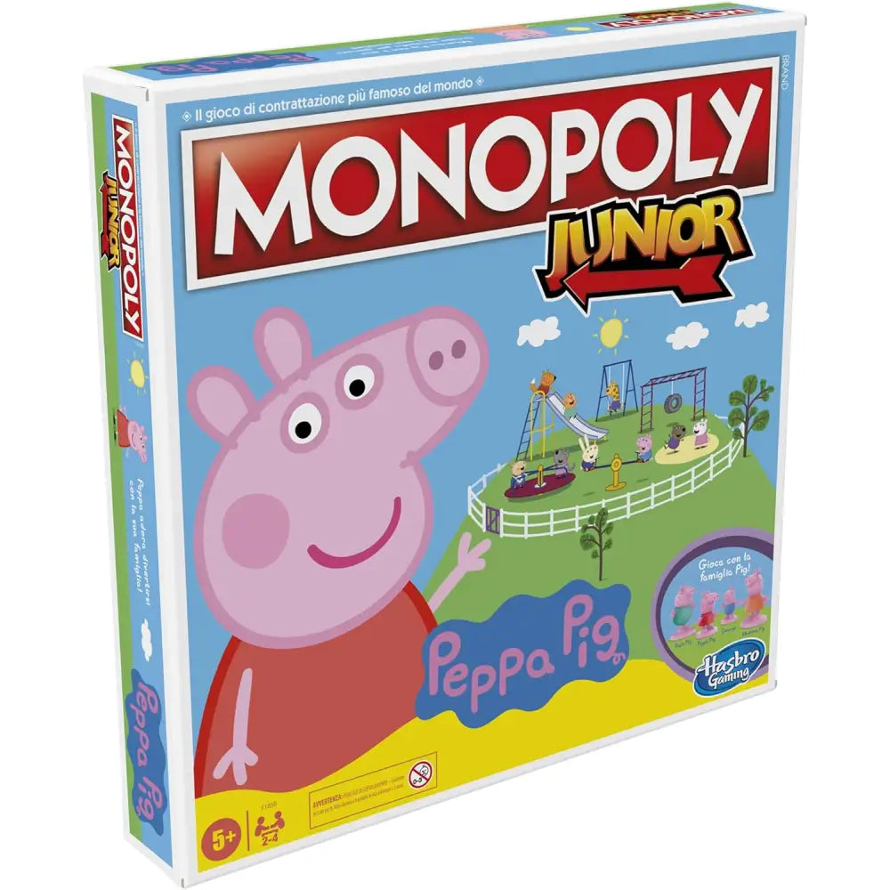 Scatola del gioco monopoly junior peppa pig con illustrazione colorata e marchio hasbro gaming