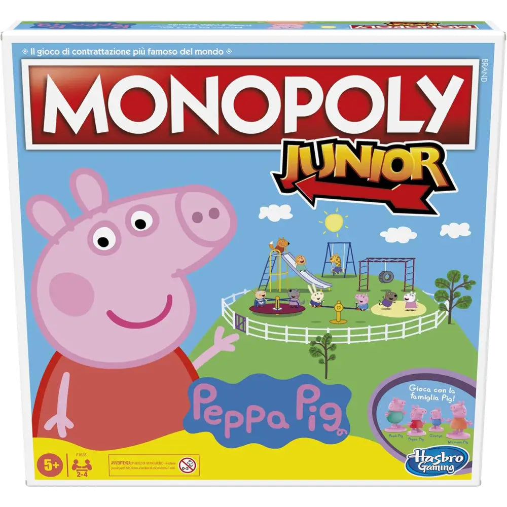 Scatola del gioco monopoly junior peppa pig con illustrazione colorata e marchio hasbro gaming