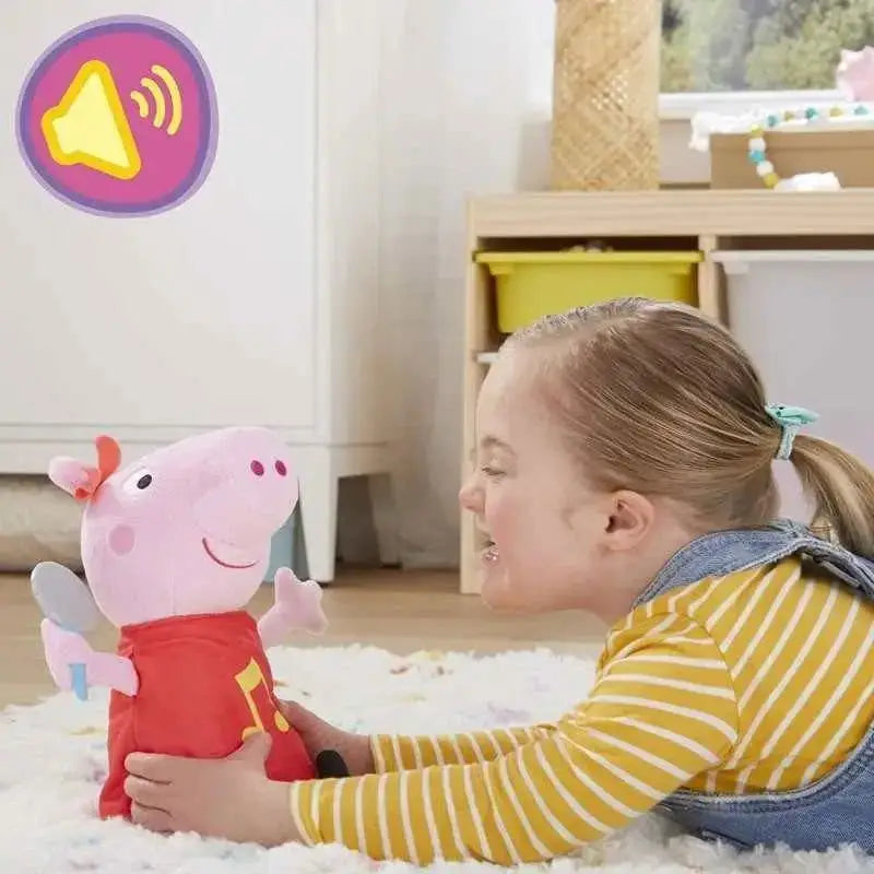 Peppa pig peluche che canta originale hasbro rosa con maglietta rossa e note musicali gialle