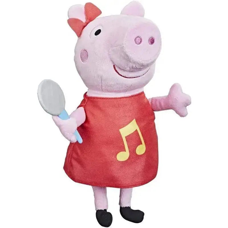 Peppa pig peluche originale hasbro rosa con vestito rosso e nota musicale gialla che canta tenendo uno specchio giocattolo grigio e blu
