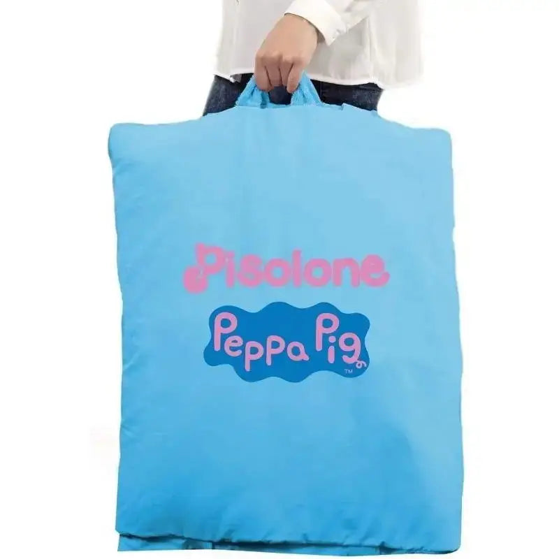 Light blue pisolone peppa pig storage bag with pink and dark blue logo promoting caldo abbraccio design