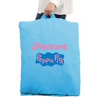 Light blue pisolone peppa pig storage bag with pink and dark blue logo promoting caldo abbraccio design