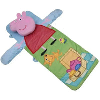 Pisolone peppa pig sacco a pelo rosa con testa e braccia in peluche corpo verde con personaggi cartoon e vestito rosso caldo abbraccio