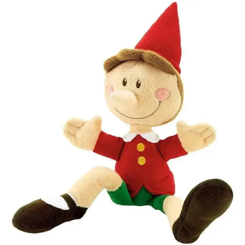 Plush elf toy pinocchio trudi with red pointed hat tan face and limbs red jacket yellow buttons green shorts and brown shoes