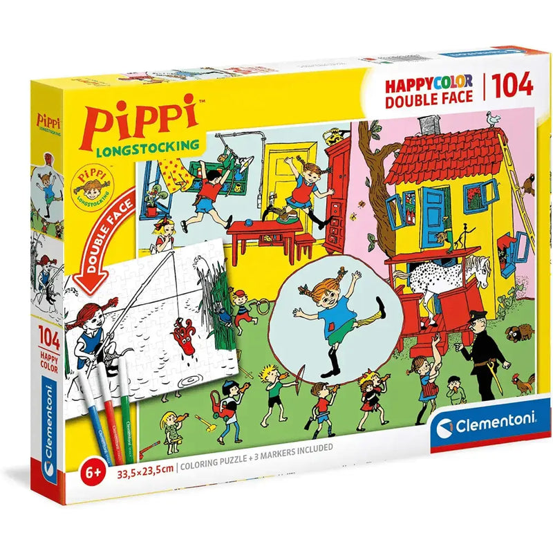 Puzzle pippi calzelunghe supercolor doppia faccia con 104 pezzi e pennarelli colorati vivaci in scatola colorata