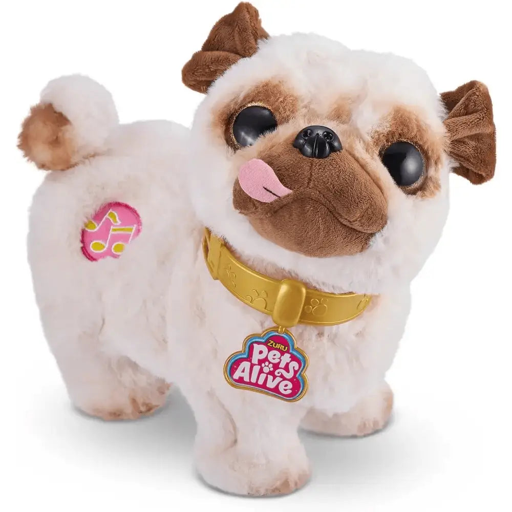 A plush poppy cane carlino toy with white and brown fur wearing a gold collar from pets alive