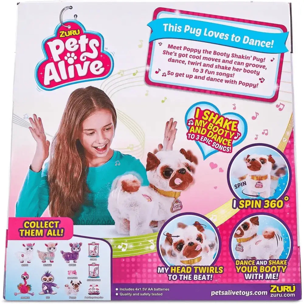 Poppy cane carlino giocattolo in peluche zuzue pets alive con funzione danza interattiva cane carlino danzante bianco e marrone