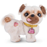 Plush cane carlino toy with white and brown fur wearing a yellow collar with zuri pets alive tag from poppy cane carlino danzante
