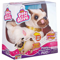 Poppy cane carlino danzante peluche cane carlino bianco e marrone con collare oro e occhi neri