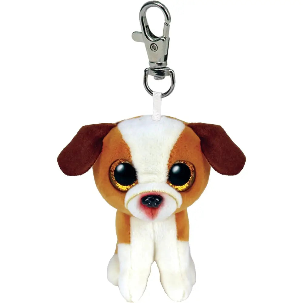 Adorabile portachiavi peluche beanie boos cane hugo marrone e bianco con occhi dorati luminosi