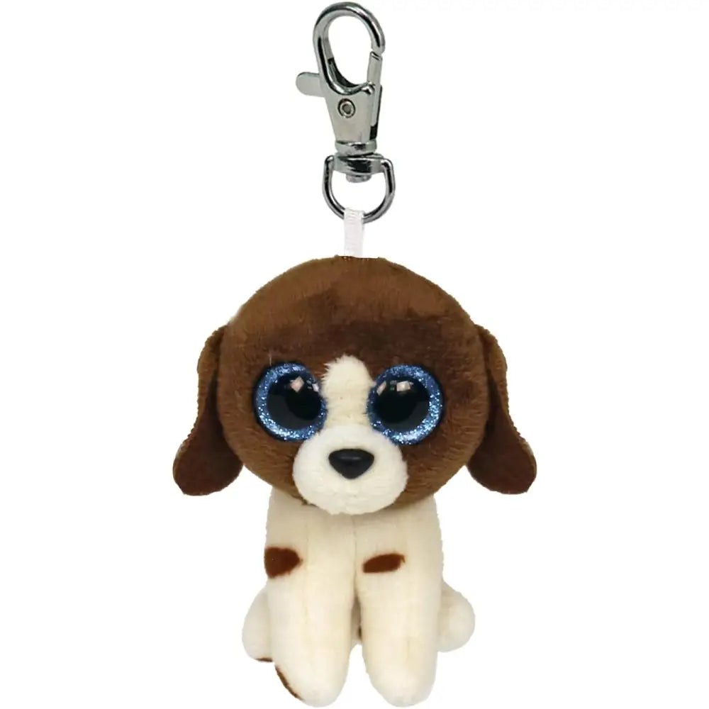 Portachiavi peluche beanie boos clips cane muddles colore marrone e bianco con occhi azzurri scintillanti