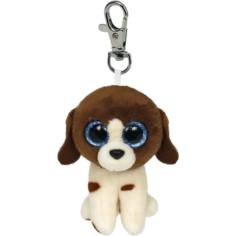 Portachiavi peluche beanie boos clips cane muddles colore marrone e bianco con occhi azzurri scintillanti