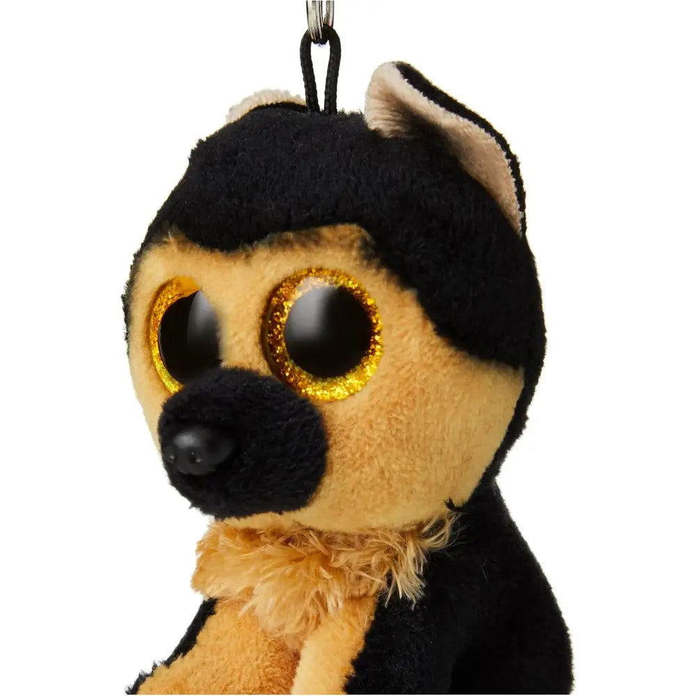 Portachiavi peluche beanie boos cane pastore tedesco spirit con pelliccia nera e marrone e occhi dorati glitterati
