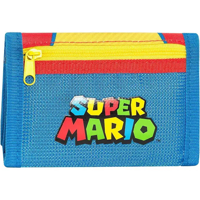 Portafoglio di super mario in tessuto blu con logo colorato super mario e zip rossa e gialla ideale per agenda comix