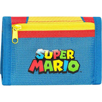 Portafoglio di super mario in tessuto blu con logo colorato super mario e zip rossa e gialla ideale per agenda comix