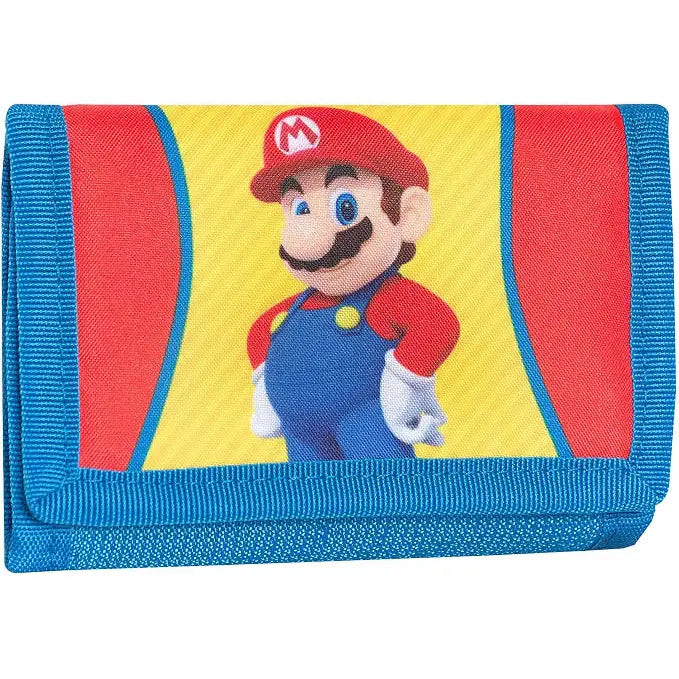 Portafoglio di super mario blu con grafica vivace di mario su sfondo giallo e strisce rosse e blu per diario agenda comix