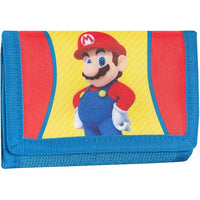 Portafoglio di super mario blu con grafica vivace di mario su sfondo giallo e strisce rosse e blu per diario agenda comix