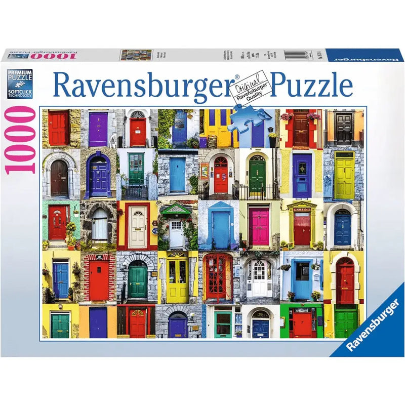Puzzle ravensburger porte del mondo 1000 pezzi con collage colorato di porte frontali in diversi stili e colori