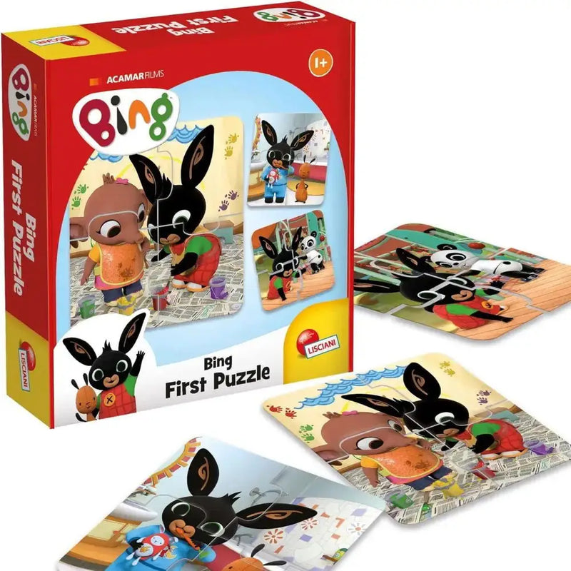 Scatola rossa e gialla del gioco memo primo puzzle bing con personaggi cartoon pezzi puzzle serie animata