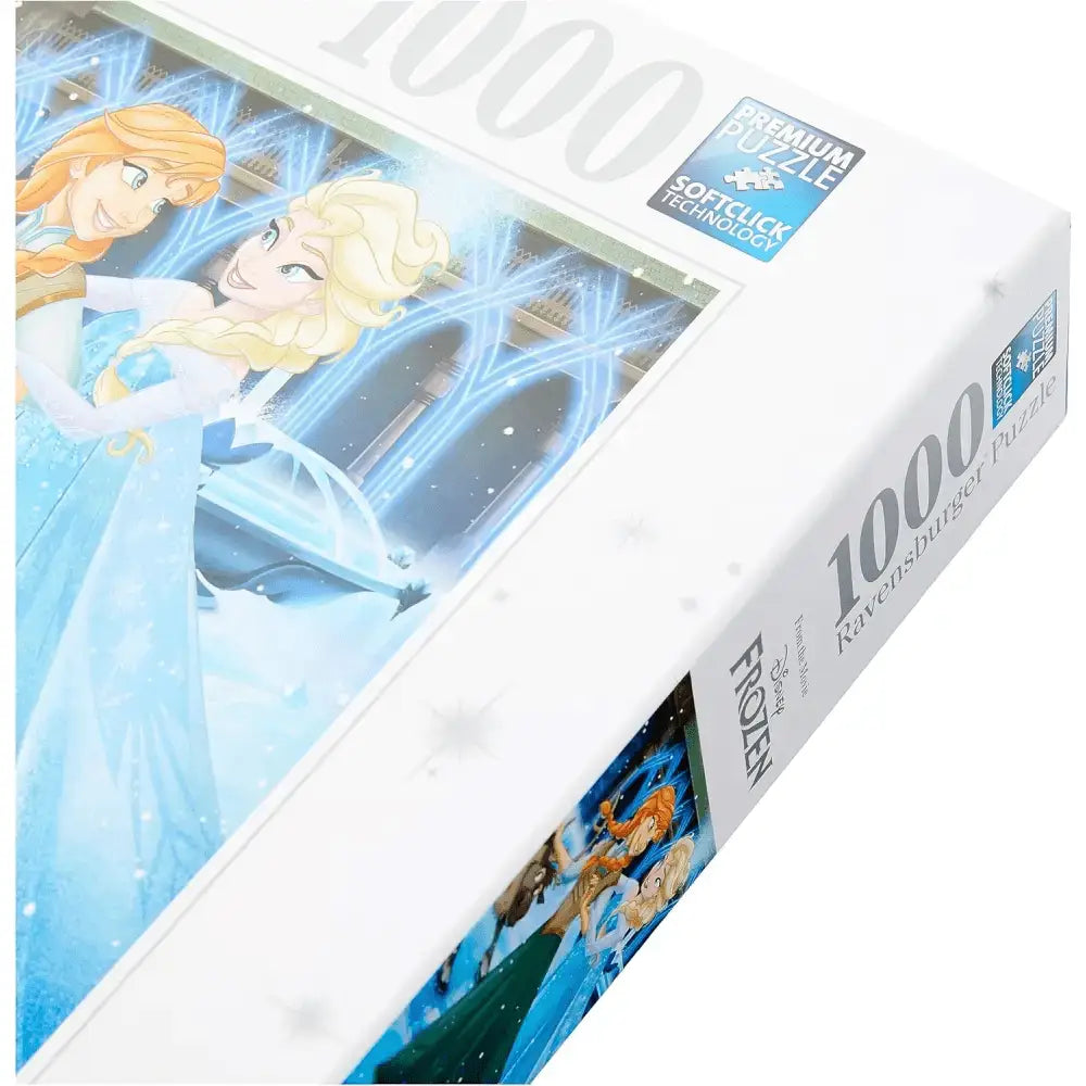 Scatola bianca contenente puzzle ravensburger 1000 pezzi frozen con elsa e anna in abiti blu ghiaccio