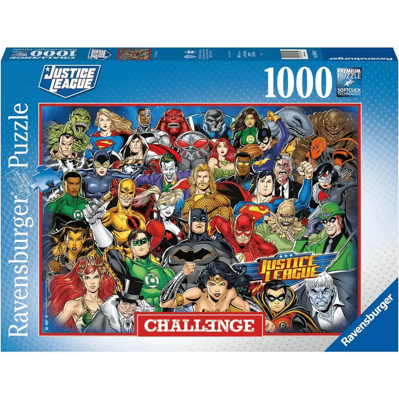 Puzzle 1000 pezzi justice league challenge con illustrazione colorata di supereroi e villain in pose dinamiche