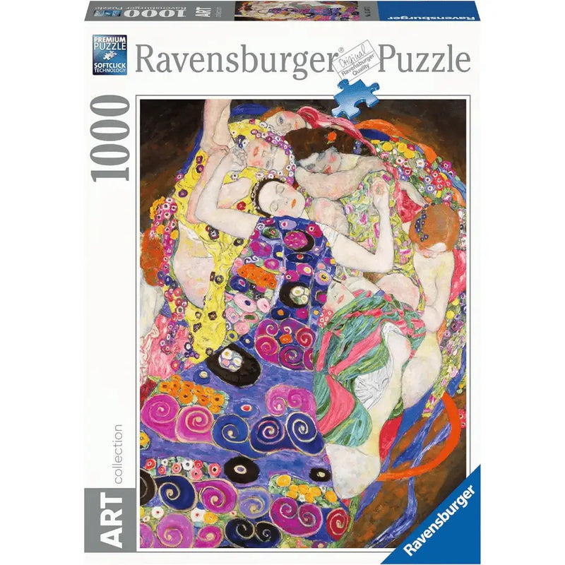 Scatola puzzle ravensburger 1000 pezzi la vergine di klimt con motivi ornamentali nei toni blu viola oro e rosa