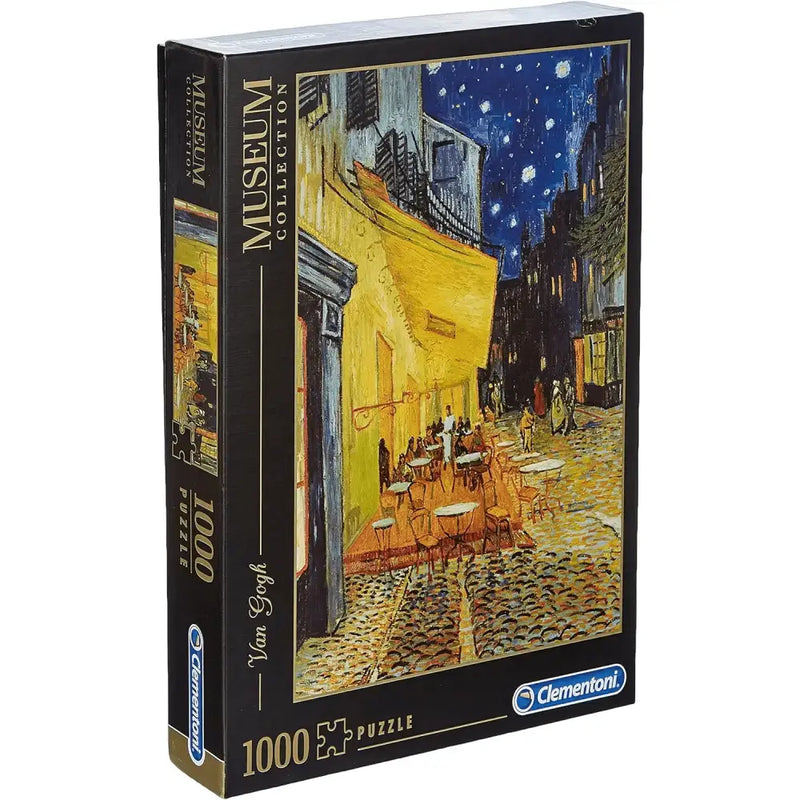 Puzzle 1000 pezzi van gogh clementoni con scatola nera e lettering oro raffigurante esterno di caffè di notte