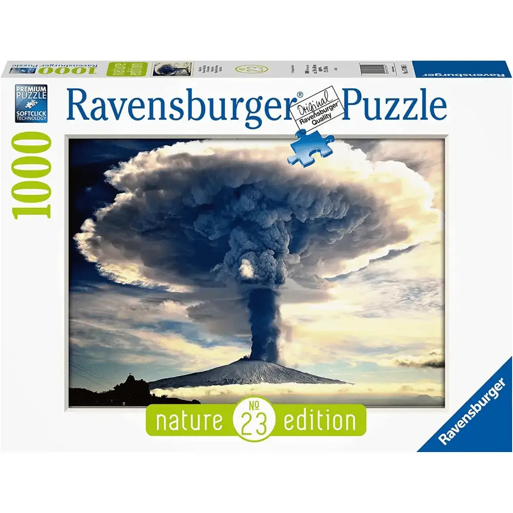Scatola puzzle ravensburger 1000 pezzi vulcano etna nature edition con eruzione vulcanica e fumo scuro