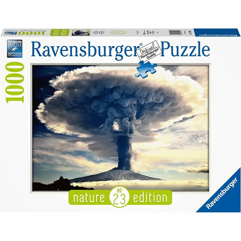 Scatola puzzle ravensburger 1000 pezzi vulcano etna nature edition con eruzione vulcanica e fumo scuro