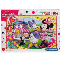 Puzzle 104 pezzi minnie e paperina serie supercolor con scatola rosa e viola e personaggi disney junior in scena colorata