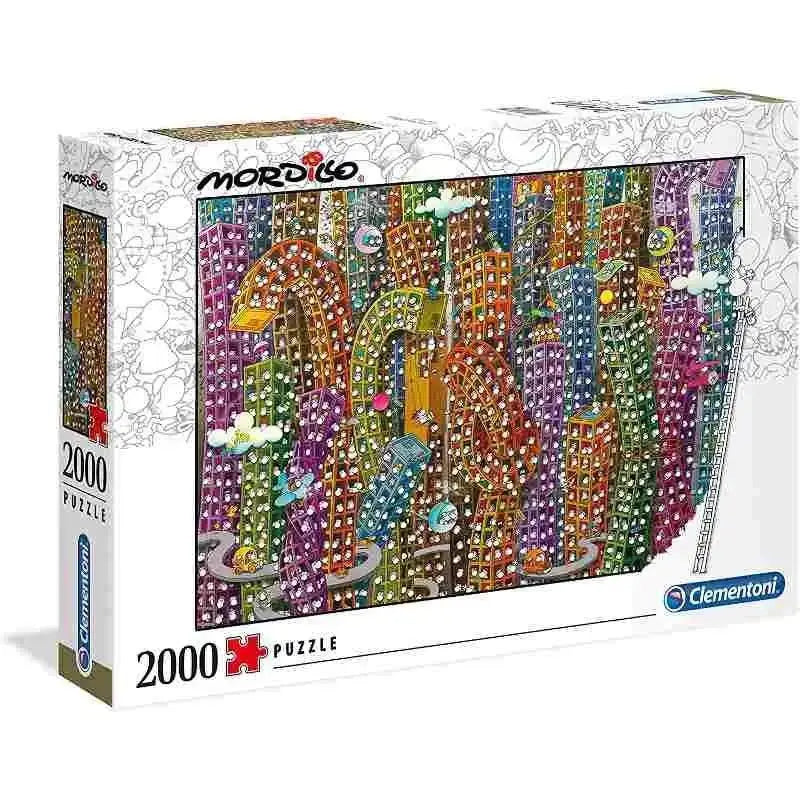 Puzzle 2000 pezzi mordillo con scorcio di città vivace e colorata con edifici arcobaleno e dettagli giocosi