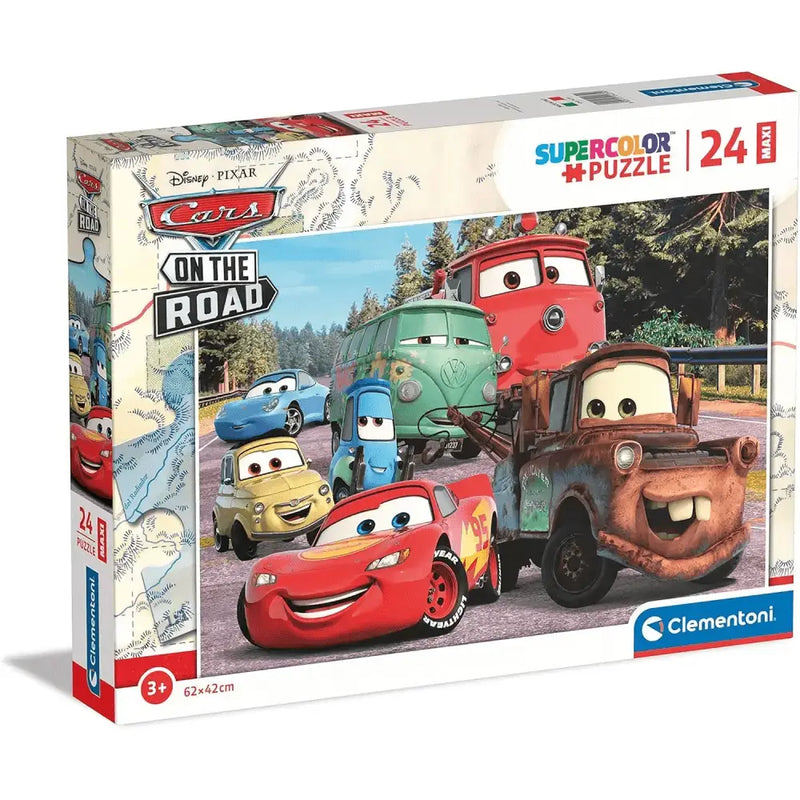 Scatola puzzle 24 pezzi maxi cars on the road con macchinina rossa lightning mcqueen animata su strada