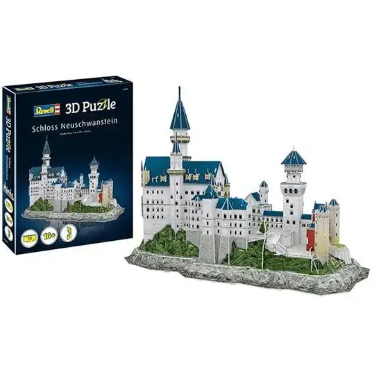 Puzzle 3d castello di neuschwanstein prodotto revell modello dettagliato bianco e blu su base rocciosa con vegetazione