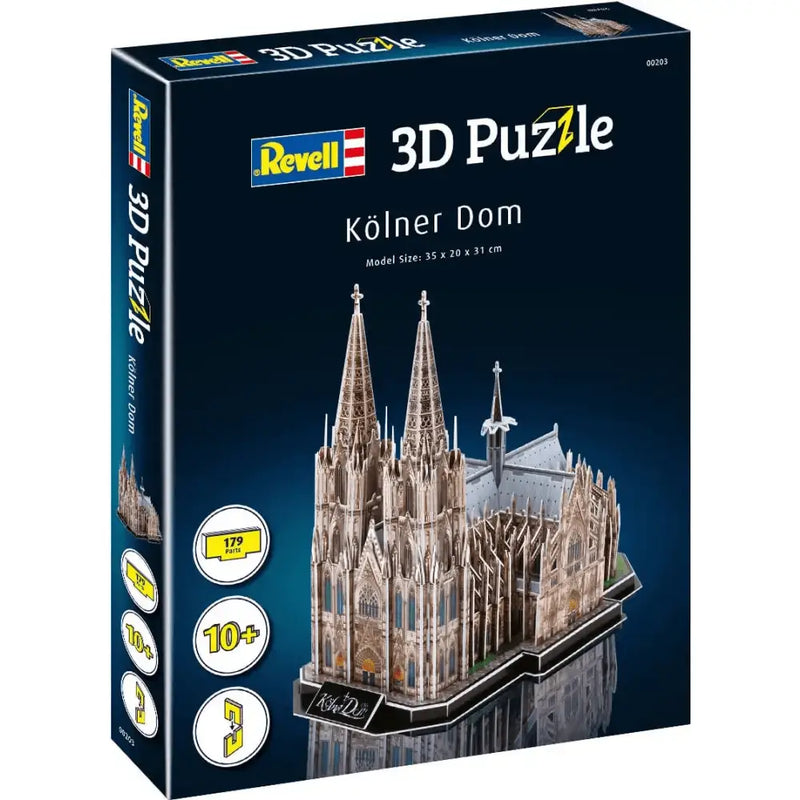 Scatola del puzzle 3d cattedrale di colonia di revell con dettagli gotici e vetri colorati in cartone beige