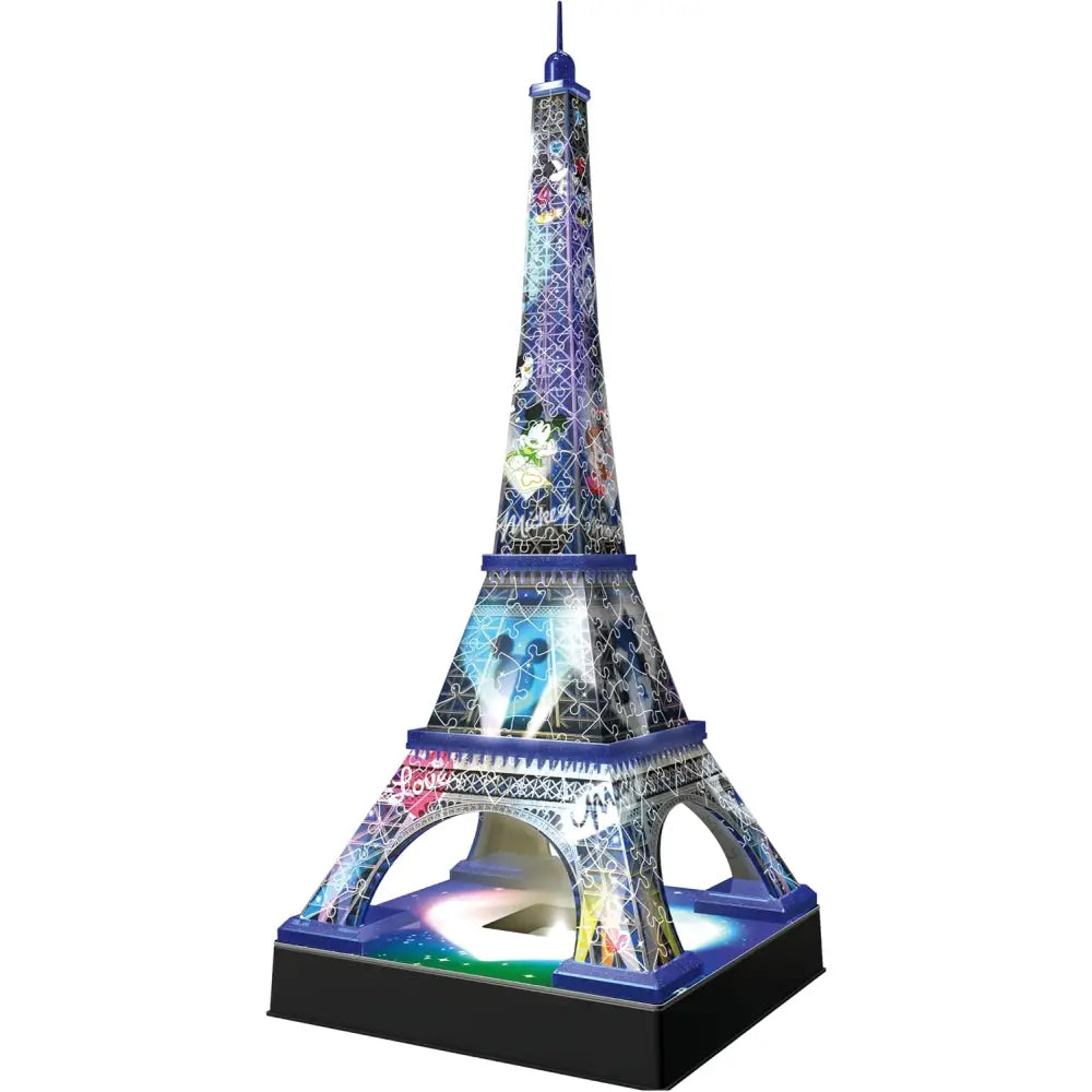 Puzzle 3d disney tour eiffel night edition con design colorato di personaggi disney e luci illuminate