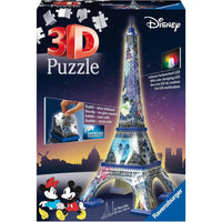 Puzzle 3d disney tour eiffel night edition con modello led colorato e mickey e minnie su lati del tour eiffel