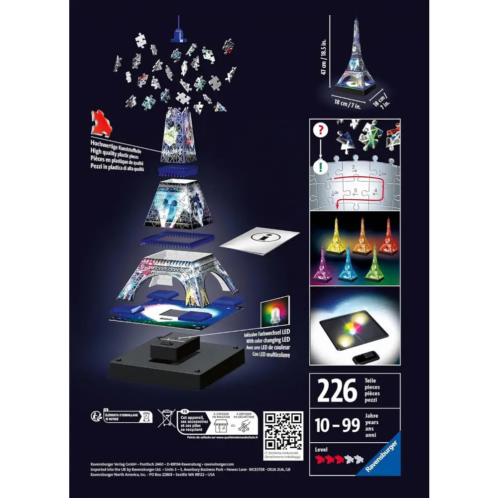 Puzzle 3d disney tour eiffel night edition modello 3d con finitura metallica blu e argento e luci led colorate
