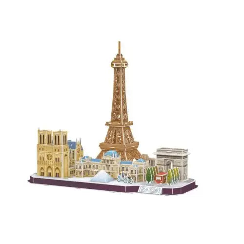 Modello puzzle 3d skyline parigi in metallo dorato con eiffel tower, notre dame e arc de triomphe
