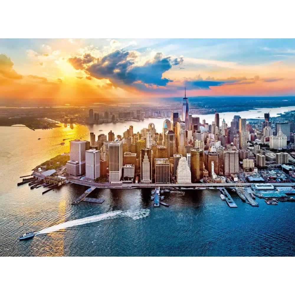 Puzzle 500 pezzi new york con skyline urbano al tramonto e grattacieli moderni e storici lungo il lungomare
