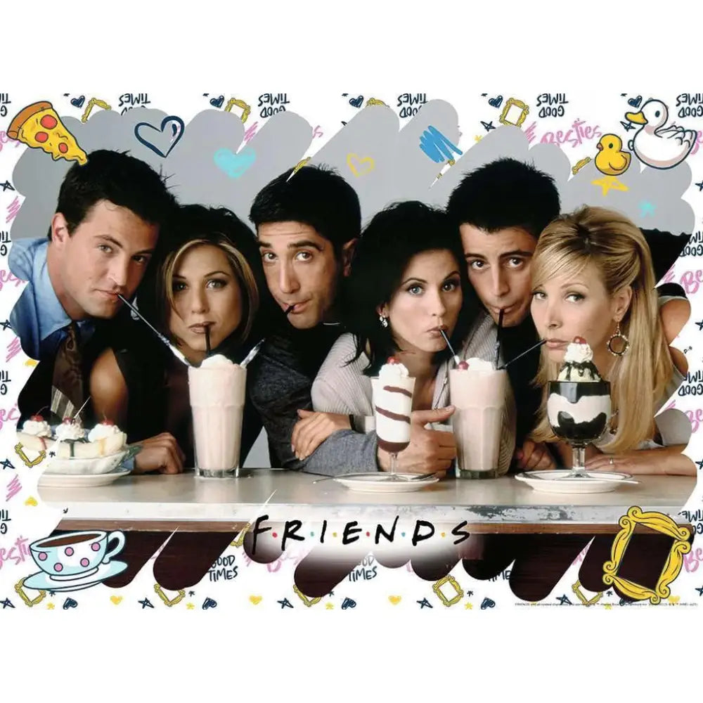 Puzzle 500 pezzi serie tv friends con poster colorato dei personaggi che gustano milkshake e gelati cartoon