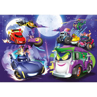 Puzzle 60 pezzi con camion della spazzatura cartoon viola e verde con occhi gialli e ruote arancioni