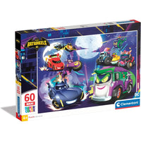 Puzzle 60 pezzi bat wheels con scatola a tema batman e veicoli colorati in una città notturna cartoon