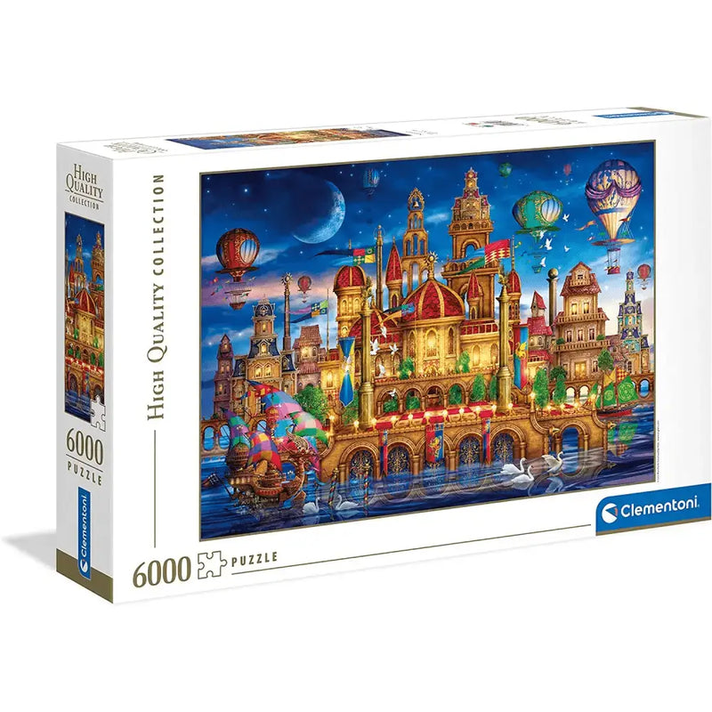 Puzzle 6000 pezzi downtown di prodotto clementoni con città fantastica, torri dorate e mongolfiere colorate nella serie high quality