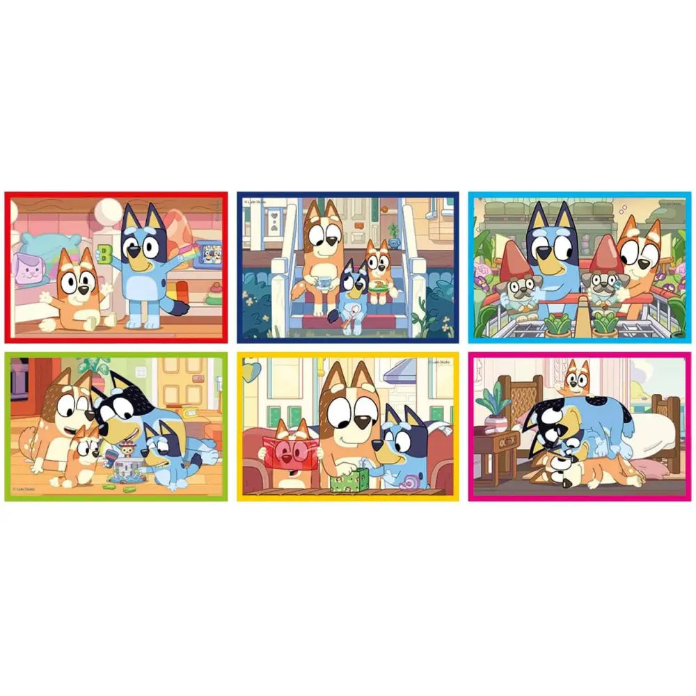 Set di sei puzzle cubi bluey clementoni colorati con scene di gioco educativo della famiglia bluey