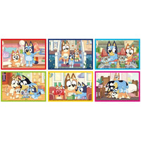 Set di sei puzzle cubi bluey clementoni colorati con scene di gioco educativo della famiglia bluey