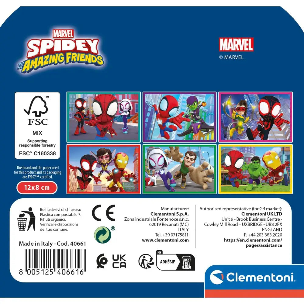Puzzle cubi spidey clementoni con illustrazioni colorate di personaggi marvel su sfondo blu in scatola puzzle