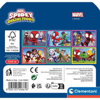 Puzzle cubi spidey clementoni con illustrazioni colorate di personaggi marvel su sfondo blu in scatola puzzle