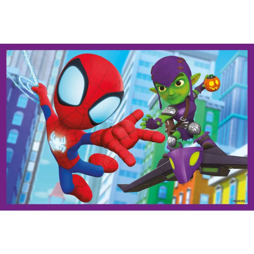 Puzzle cubi spidey clementoni con pezzo puzzle rosso e blu con emblema ragno bianco