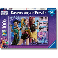 Puzzle k-pop demon hunters xxl 100 pezzi con personaggi animati in outfit vivaci su sfondo cosmico viola e blu